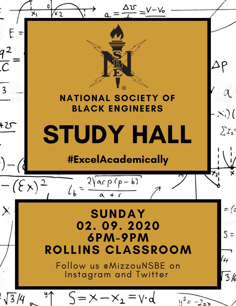 MizzouNSBE's tweet photo. We will be having a Study Hall today from 6pm to 9pm in Rollins Classroom. Stop By! 📚

#ExcelAcademically https://t.co/BEI83xWMEg
