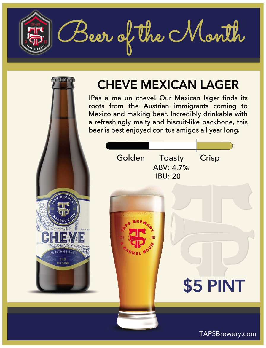 tapsbeers's tweet photo. FOR ONLY $5, try our Beer of the Month, our TAPS Cheve Mexican Lager! All through the month of February.  Give it a try! 🍺
https://t.co/SGNrMPBiss https://t.co/6aLxFk0HA3