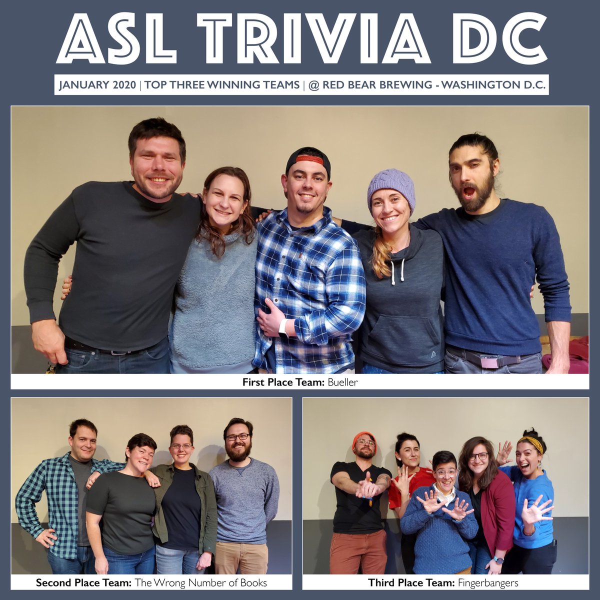 ASLTriviaDC's tweet image. Congrats to @ASLTriviaDC's January 2020 top three winning teams.

1st Place: Bueller
2nd Place: The Wrong Number of Books
3rd Place: FingerBangers

Congrats to all, and see you all next time on Mon, February 24, 2020 at 7:00 PM for our next ASL Trivia DC event at @RedBearBrewing!