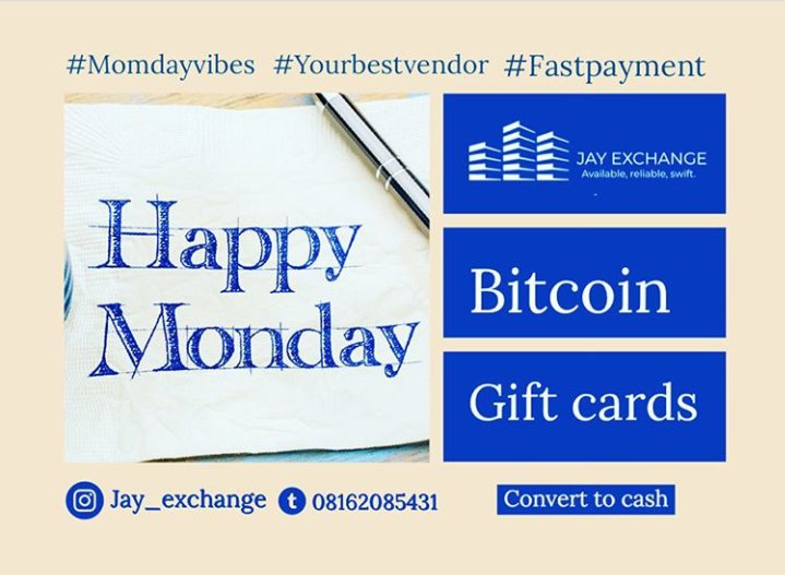 jay_exchange's tweet photo. The week is yours own it. 👌🏻 .
.
.
#bitcoin 
#giftcard 
#fastpayment 
#bestvendors #jayexchange https://t.co/u5kKxv0bKJ