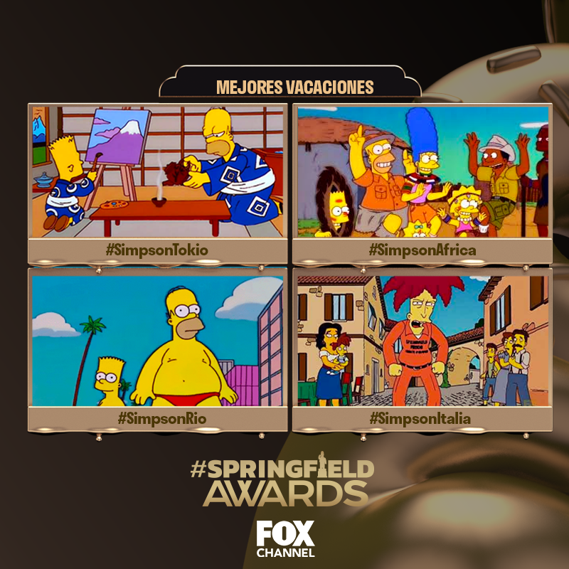 STARChannelLA's tweet image. ¡En la siguiente categoría nos vamos de viaje! ¿Cuáles fueron las mejores vacaciones? ¡Vota y corona a tus favoritos en la cima de #SpringfieldAwards! 🏆 🍩 🍻 #LosSimpsonEnFOX 

#SIMPSONTOKIO 
#SIMPSONAFRICA 
#SIMPSONRIO 
#SIMPSONITALIA