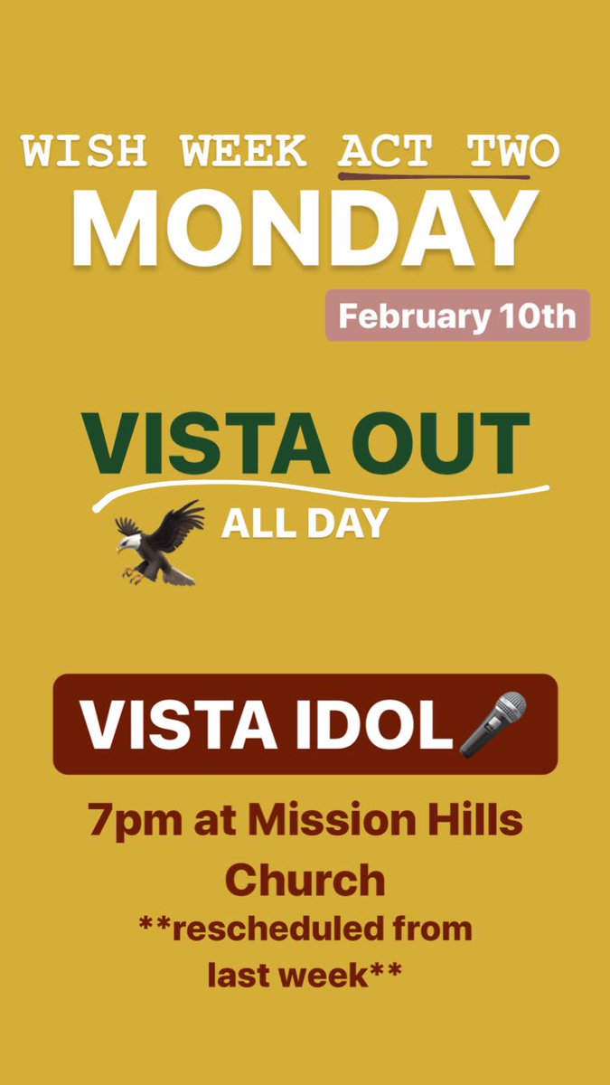ACT 2 opens tomorrow! 

🦅VISTA OUT🦅
