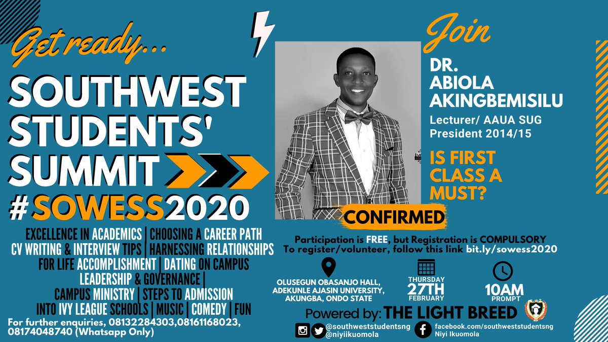 niyiikuomola's tweet photo. Join Dr. Akingbemisilu, an inspirational speaker and lecturer at #SOWESS2020 as he speaks on IS FIRST CLASS A MUST? (The Importance of excellence in Academics after school.)
To register, >>>> https://t.co/snIcN7ijBf
Kindly RT, that student/fresh graduate is on your TL
#SOWESS2020 https://t.co/AVAR6o8bHd
