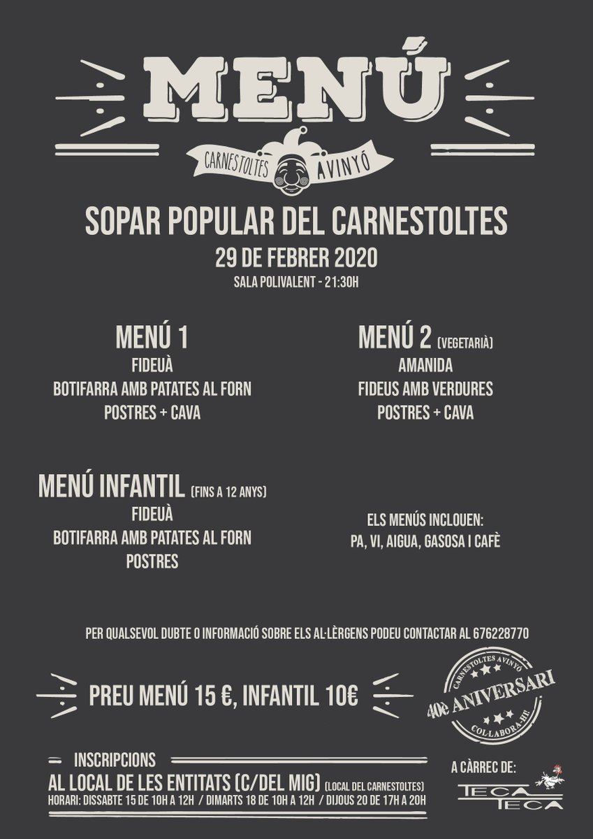 carnavalavinyo's tweet photo. SOPAR POPULAR DEL CARNESTOLTES!
IMPORTANT!
Aquest any els tiquets es vendran els dies:
- dissabte 15 de 10h a 12h
- dimarts 18 de 10h a 12h
- dijous 20 de 17h a 20h

al local del carnestoltes (local entitats del carrer del mig)

es podrà pagar amb targeta!!
#carnestoltesavinyó https://t.co/FS33PmTiFh