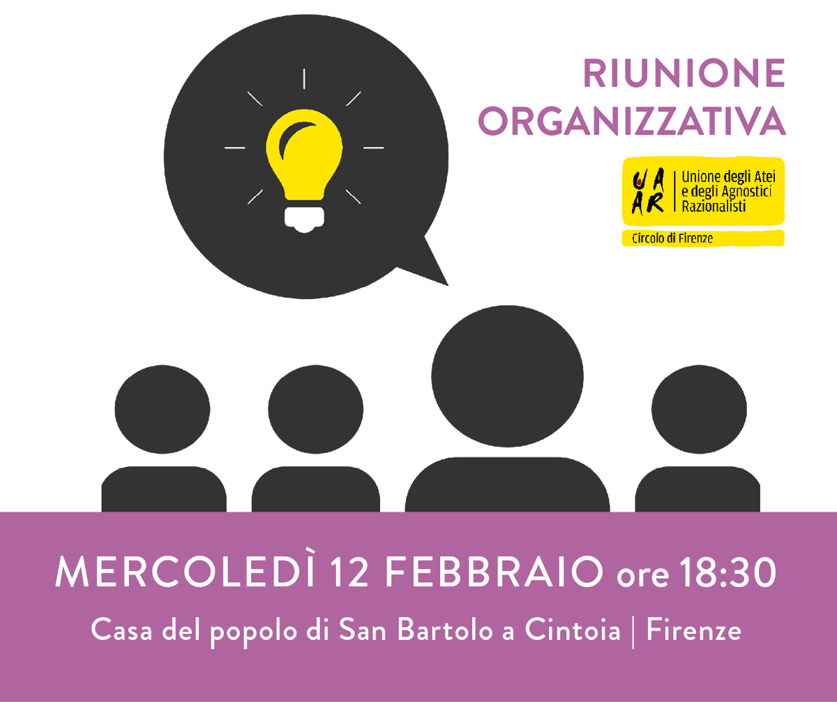 📢 Riunione del #CircoloUAARFirenze #Mercoledì12Gennaio h 18:30, c/o CdP di San Bartolo a Cintoia (ordine del giorno facebook.com/UAARFirenze/po…).

⚠️ N.B. Se non puoi presenziare, ma sei interessato a partecipare scrivi a firenze@uaar.it