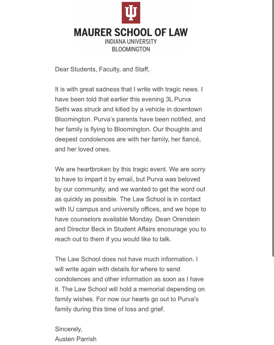 AustenParrish's tweet photo. It is with great sadness that we have learned of 3L Purva Sethi’s tragic death last night. My message late last night to the law school community is attached. Our deepest condolences to Purva's family and her loved ones for their loss. https://t.co/qZTQyiZp1J https://t.co/7dtb6rXUFX