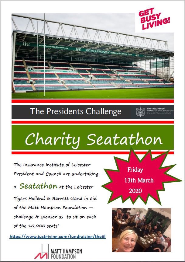 To those of you who know me, I’m no athlete! For my day job as President Of the Insurance Institute of Leicester I will be joined by a small number of my colleagues as we “sit” in 10,000 seats of a stand atLeicester Tigers. Please give a pound if you can!  justgiving.com/fundraising/th…