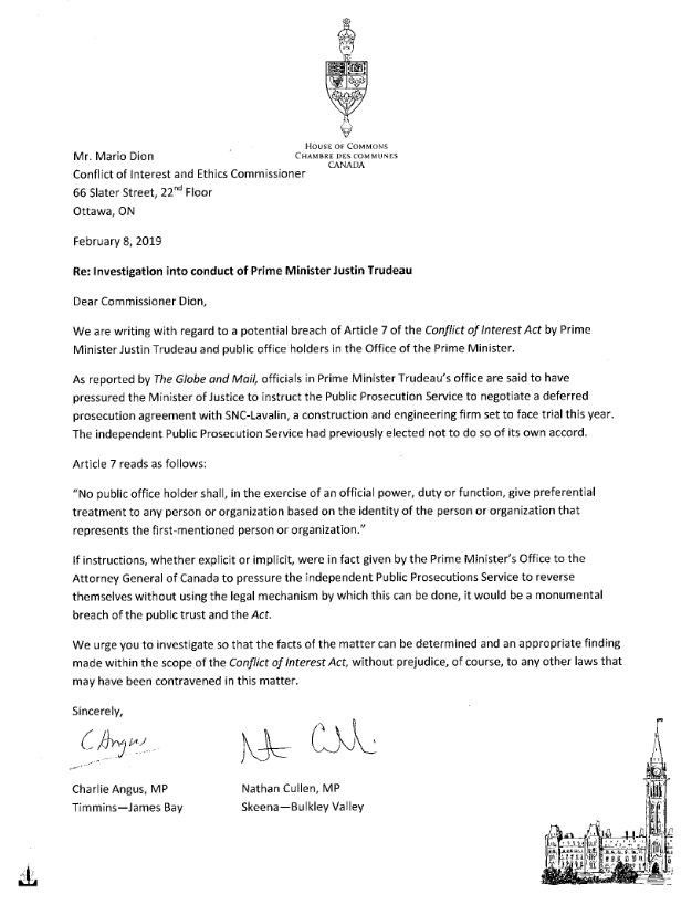 Meanwhile, as Trudeau was in front of cameras attacking his former Attorney General, the NDP filed an official request for investigation with the Conflict of Interest and Ethics Commissioner  @CharlieAngusNDP  https://twitter.com/CharlieAngusNDP/status/1093922396363464710