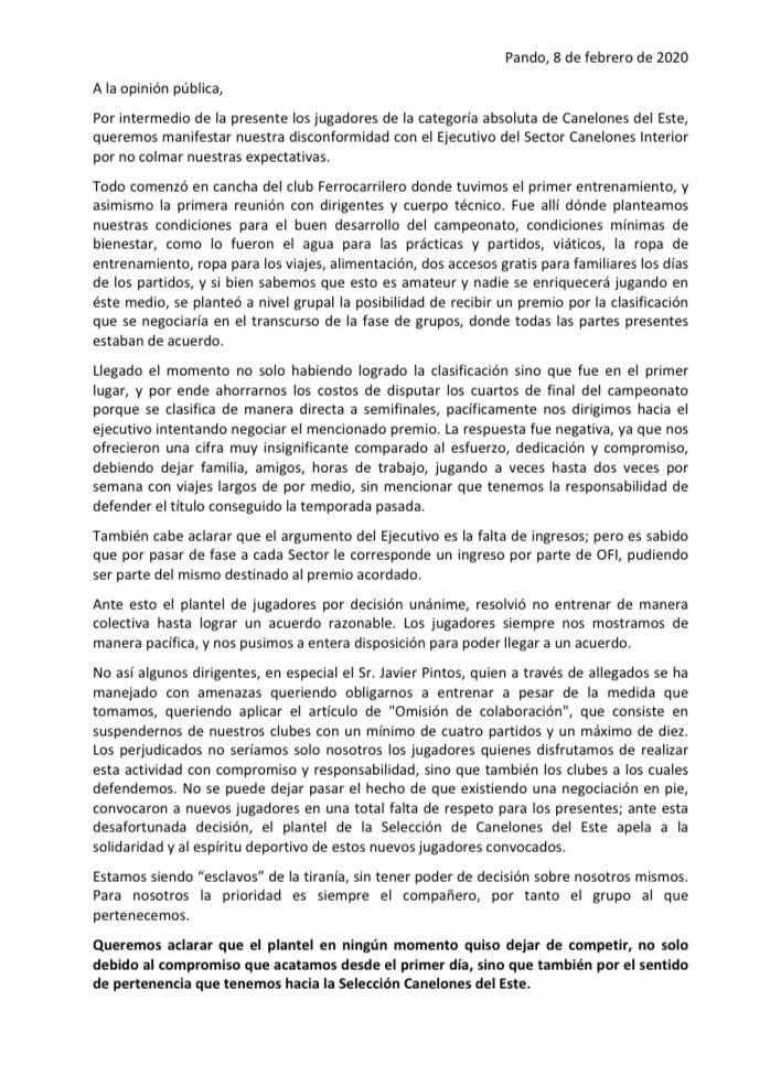 #CopaOFI 

Comunicado de los futbolistas de la categoría absoluta de la selección de #CanelonesdelEste