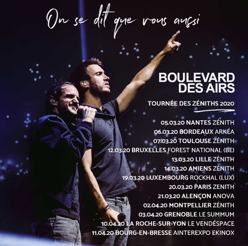 « On se dit que vous aussi » - La tournée des Zéniths reprend le 5 mars à #Nantes ! On a hâte de vous retrouver 🙌💙

Ce sont les dernières dates en salle, pensez à réserver vos places 😉

🎫 m.ticketmaster.fr/fr/resultat?ip…
_
Photo : Dorine Duval Photographe