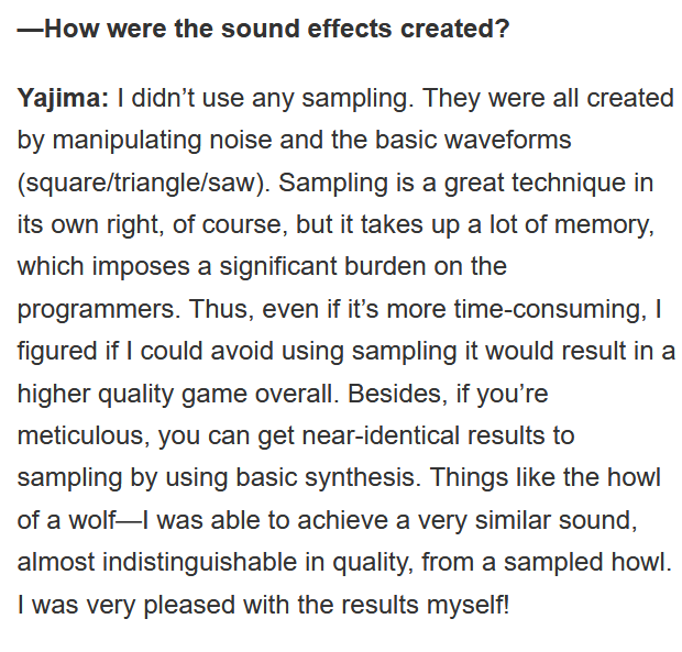 To accompany the visuals, Tomohiro Yajima, the sound effect director decided to create all the sfx by himself, by manipulating noise and waveforms instead of using sampling. An absurdly complex task that immensely benefited the game. He recently worked on NieR: Automata