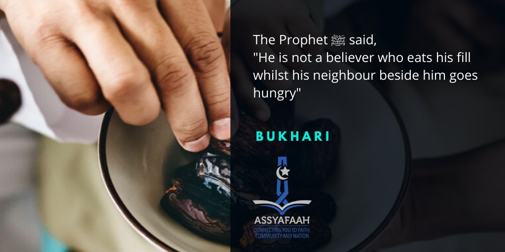 The Prophet ﷺ said, "He is not a believer who eats his fill whilst his neighbour beside him goes hungry" (Bukhari)

Subuh(05:58), Zohor(13:21) Asar(16:40) Maghrib(19:22) Isyak(20:33)

#PrayerTime #Singapore #Hadith #Wisdom #DailyQuote #Islam