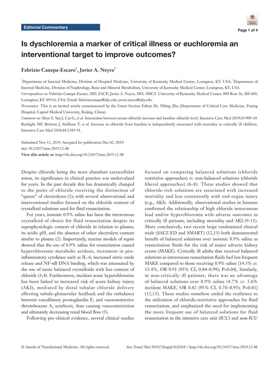 DocElectrolyte's tweet photo. Is dyschloremia a marker of critical illness or euchloremia an interventional target in fluid resuscitation? Editorial commentary with @javo_neyra. How about fluid resuscitation guided by serum chloride? @UKHospitalists @ukrenalfellows 
DOI: 10.21037/atm.2019.12.48
PMID: 32015983 https://t.co/fkJSo1nIwA