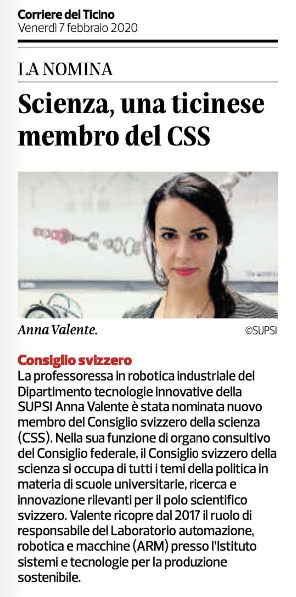 Congratulations to our speaker #AnnaValente on joining the Swiss Science Council! The SSC is a consultative body of the Federal Council working on #policy in the areas of #education, #research and #innovation in CH.
 
#industrialrobotics #TEDxLugano2017 
<a href="/supsi_ch/">SUPSI</a> 
<a href="/CdT_Online/">Corriere del Ticino</a>