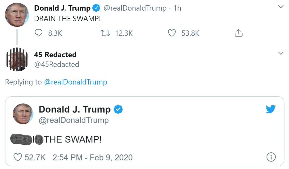 45Redacted's tweet image. #IMPOTUS #TrumpIsACoward #ImpeachedForLife #ToiletTrump #LaughingStock #Pelosi #MoscowMitch #StableGenius #Resign #Impeach #Corrupt #Contempt #BlueWave #Resist #Resistance #TheResistance #Indivisible #ImpeachTrump #FBR #Redacted #Politics #Humor #Funny #Satire #Parody #News