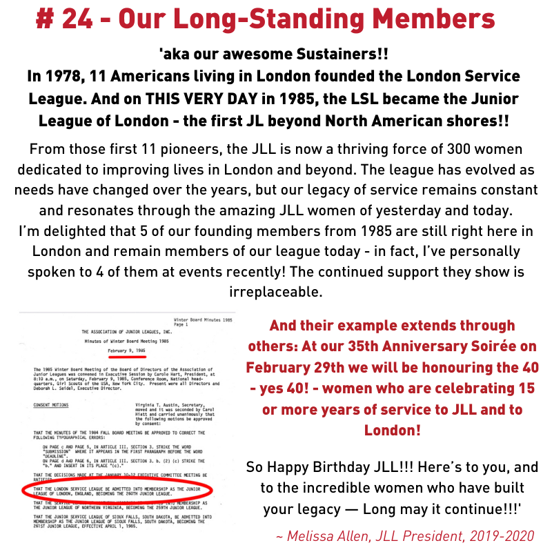 JrLeagueLondon's tweet photo. #35CheersFor35YearsofJLL 🎉🤗 Reason 24: Our Long-Standing Members! On 9 Feb 1986 #jrleaguelondon became an official member of AJLI. Now 40 Sustainers have 15+ yrs of service!

#Happy35thJLL #ThisJLLCan #JLLCatalysts4Change #London #Voluntarism #Leadership #UKRegisteredCharity https://t.co/Ya7WbhXCNt