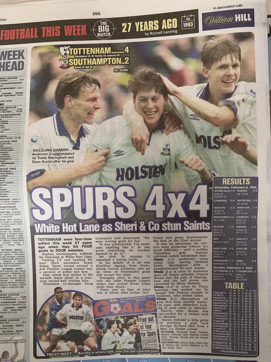 A friend of mine just sent me this picture from @TheSunFootball today from 27 years ago today!! 😳 We beat #SouthamptonFC 4-2 with a blistering 10 mins in the 2nd half. One of the best years of my life at @SpursOfficial #Memories #SpecialTimes #COYS