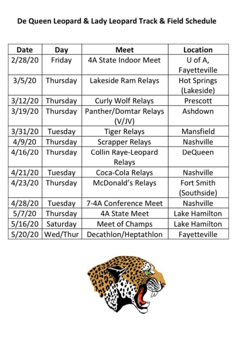DeQueenXC_Track's tweet photo. 2020 Senior High Track Schedule https://t.co/F1fwK3l462