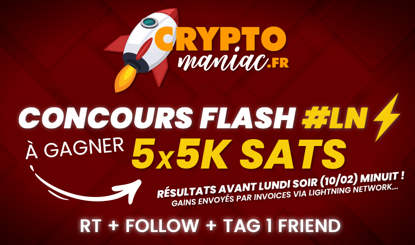 CryptomaniacFr's tweet photo. ⚡️ Concours Flash⚡️

🎁Lot : 5*5K Satoshi à remporter !

To Do :

1️⃣ RT
2️⃣ Follow
3️⃣ Tag 1 friend

Tirage au sort avant demain (10/02) minuit.
Les gains seront envoyés via des invoices #LN.

Bonne chance à tous ! 🍀

#Bitcoin #LightningNetwork https://t.co/RgukRFk0Se
