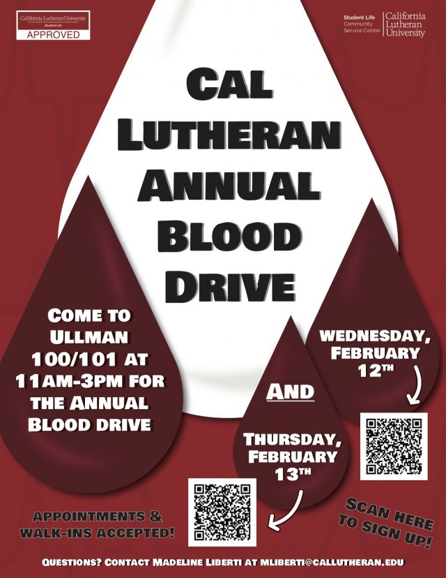 The Community Service Center is having the Annual Blood Drive Wednesday the 12th and Thursday the 13th from 11am-3pm. Come donate blood to give back to the local community. <a href="/CalLutheran/">Cal Lutheran</a>