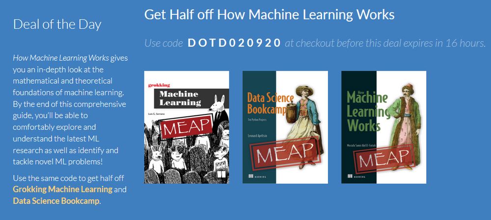 M0stafa_Samir's tweet image. For a limited time ⏳Half off "How Machine Learning Works" in @ManningBooks deal-of-the-day. Use code dotd020920tw at bit.ly/39itAJe.
#MachineLearning #python #scikit_learn #AI #DataScience #Math