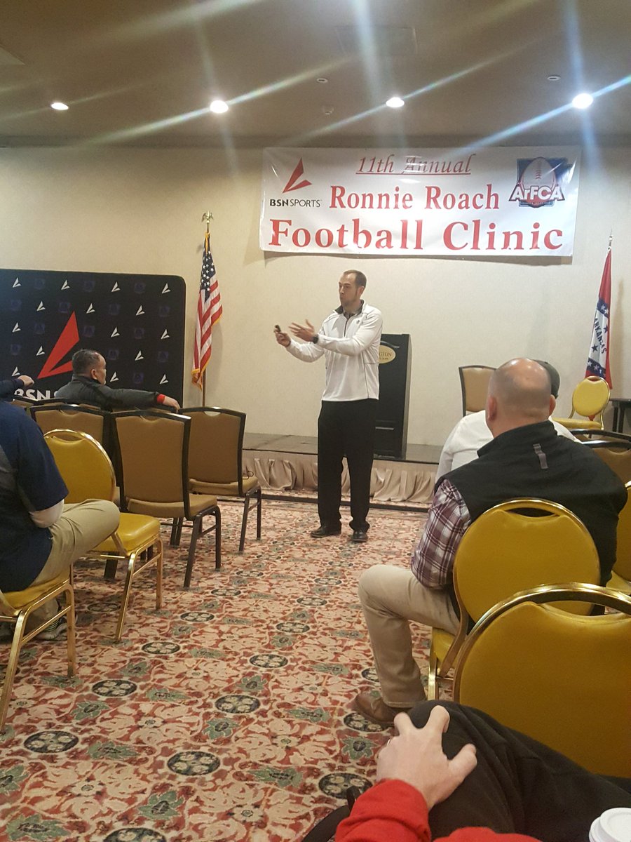 CoachEvins's tweet photo. Awesome to hear a great message from @HuckebaJeb at the @ArFCAArkansas clinic this morning!! One of my favorite players growing up. #BringTheseJerseysBack https://t.co/PKGU3iJ5ZZ