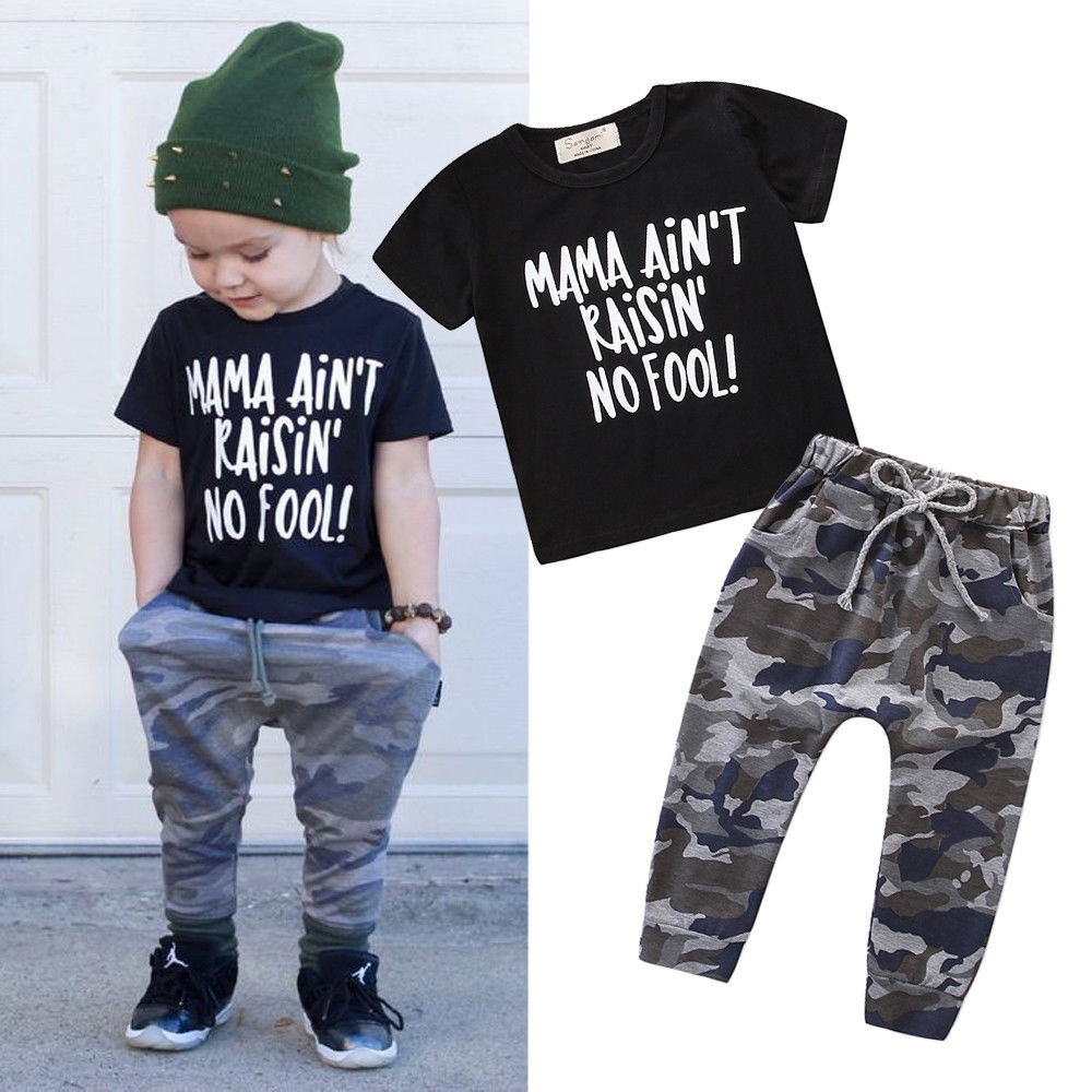 Toddler Kids Boy Suit Print Letter T-Shirt Tops+Camouflage Pants Outfits Clothes