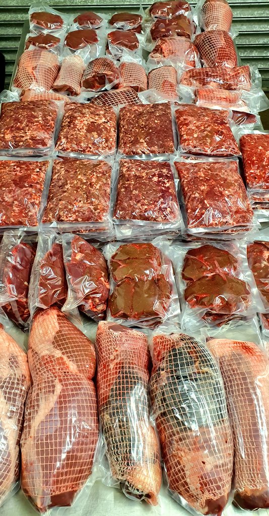 Two hinds turned heather &amp; grass into 48 butterfly steaks, 4 tenderloins, 16lbs for stew, 45lbs of mince, &amp; heaps of roasts. Frankly, that's magic if you ask me. Scraps for the dogs and minimal waste. 
A long shift today, but freezers full. Very worthwhile &amp; very grateful. 🤓👌🦌