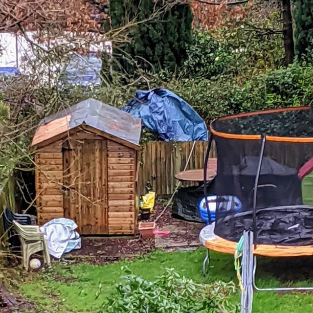 hccoates's tweet photo. Spent the day on trampoline watch but it's the shed roof that came a cropper 🤦🏼‍♀️ #thanksciara  #windyaf #ihatediy https://t.co/V41sPgOo7r https://t.co/4fRNLo8AG7