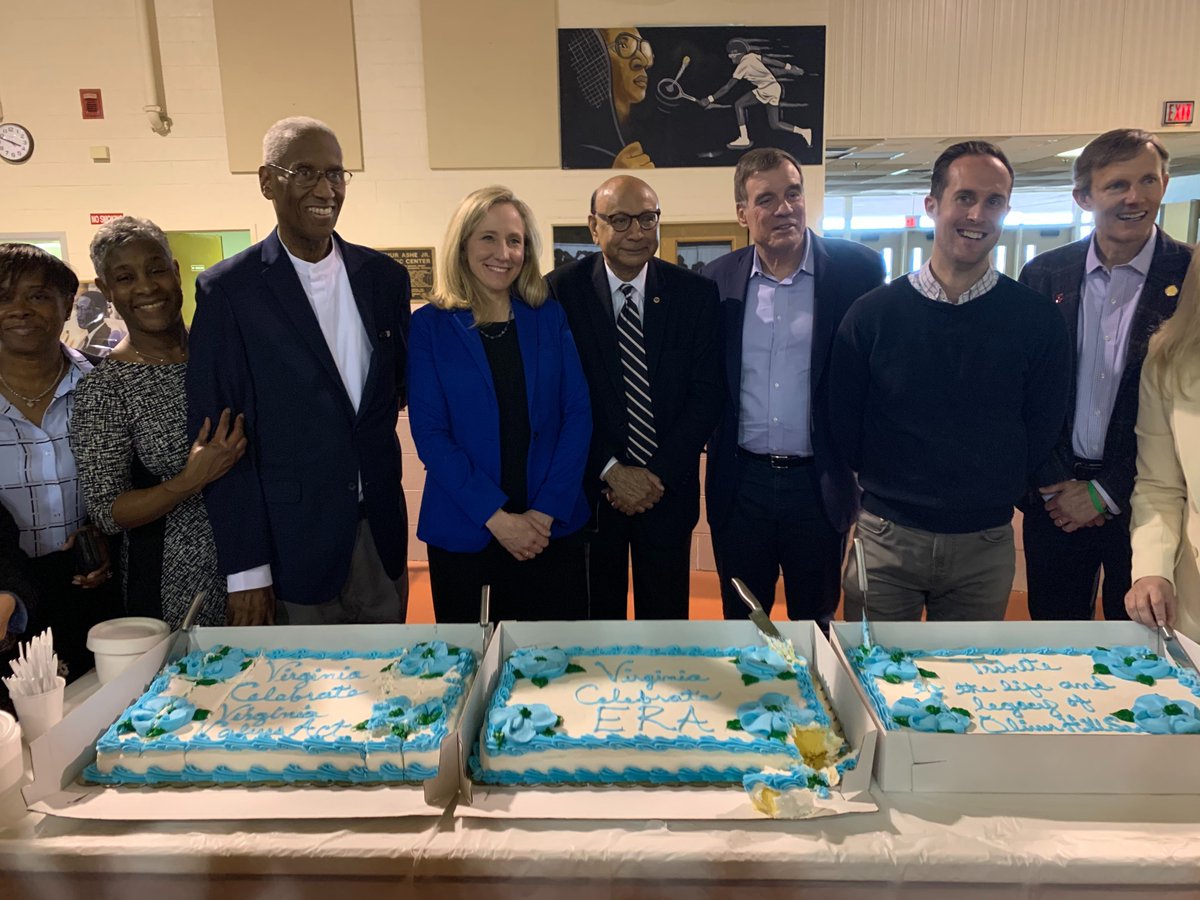 A group of people gather around three cakes, honoring the Equal Rights Amendment, Virginia Values Act, and Oliver Hill, Sr.