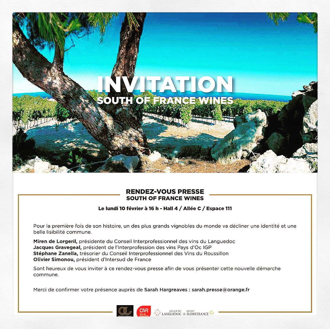 #event @wineparisevent 
📅 Lundi 10 Février à 16h00

📍Hall 4 - Allée C - Espace 111

👉🏻 Pour la 1ère fois, près de 400 vignerons et entreprises du Languedoc, du Pays d'Oc et du Roussillon déclinent une identité et lisibilité commune sous la bannière South Of France Wines.