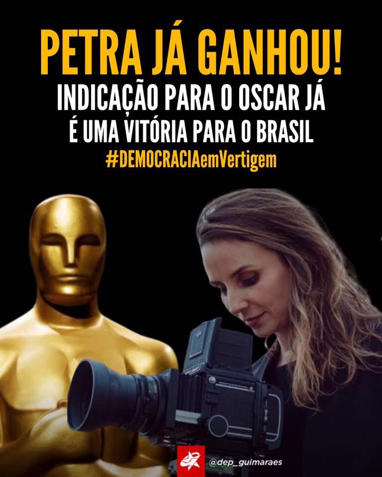 Petra já ganhou! Uma conquista enorme para o Brasil a indicação do documentário Democracia em Vertigem, independente do resultado final, Petra, sua equipe e o Brasil saem vitoriosos por essa indicação no meio de milhares de bons documentários. #BrasilNoOscar