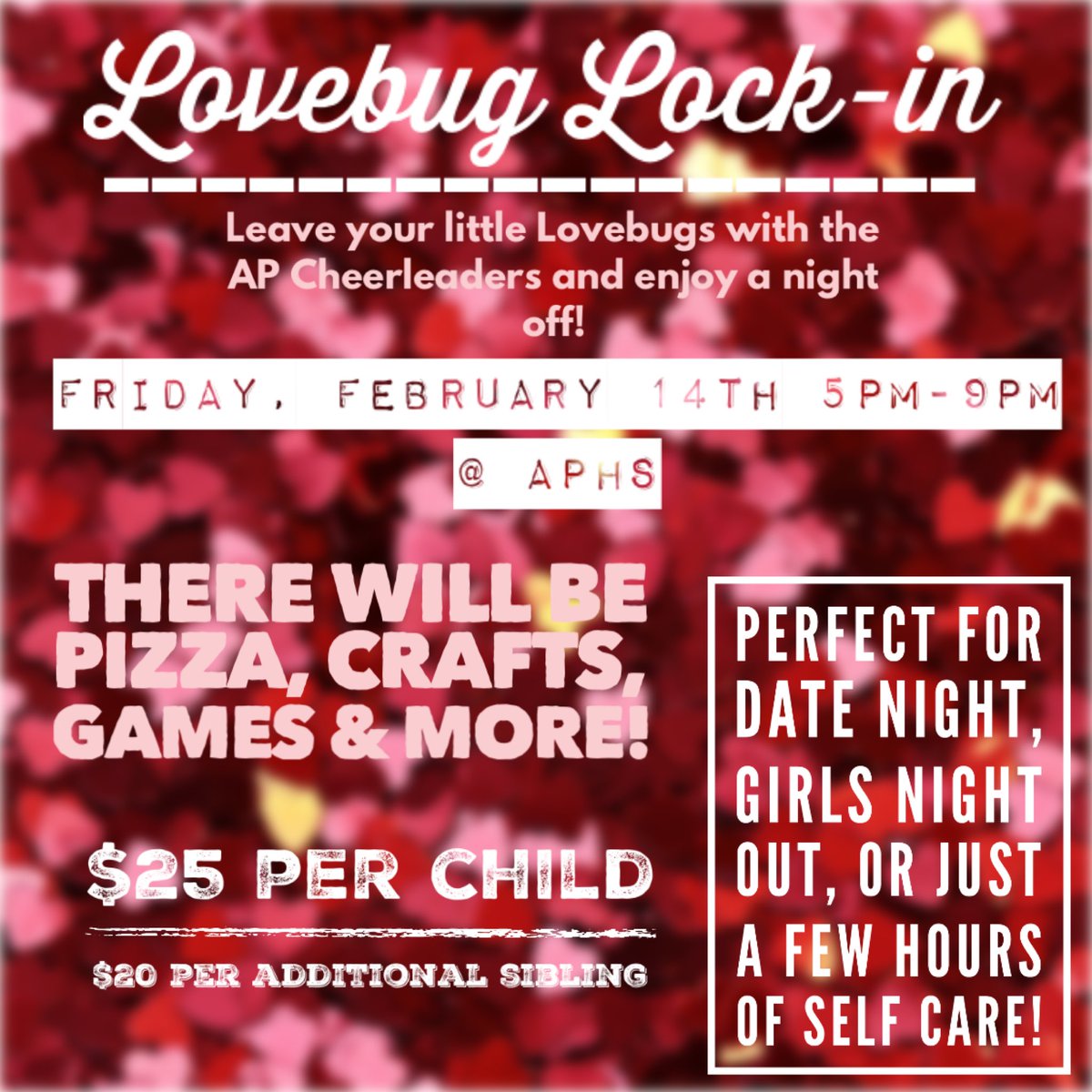 APHS_Cheer's tweet photo. Leave your littles with us on Valentines Day for a night of pizza and fun while you enjoy a night out! Please email me at tiffaninye03@gmail.com to RSVP! @AverillParkCSD @AP_Athletics https://t.co/3TKyM2KGdr