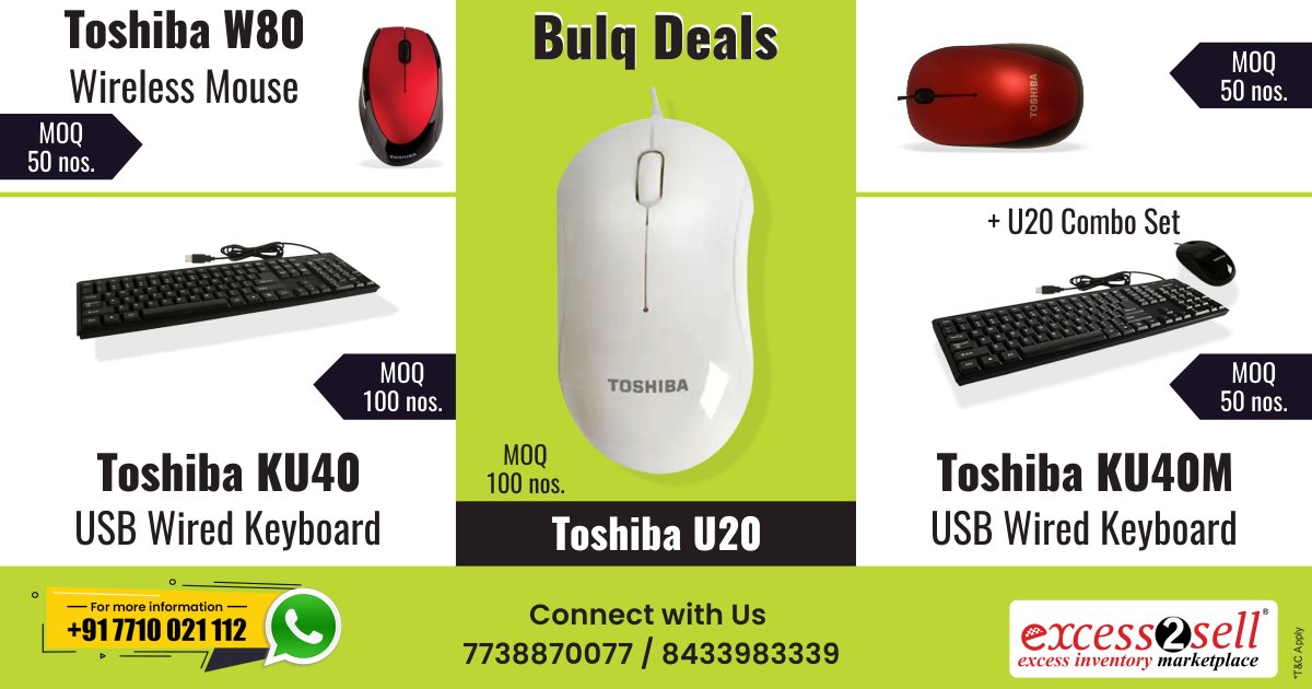 excess2sell's tweet photo. Wholesale Toshiba Keyboard &amp; Mouse starting @ just Rs. 280/-
https://t.co/CRuGYcPcwS
#WholesaleKeyboardMouse #KeyboardMouseInBulk #Excess2Sell #E2SDailyDeal #LiquidateExcessInventory #Ecommerce #BlockedCapital #B2B #DealOfTheDay #OnlineDeals #Inventory https://t.co/duge3Uo1UV
