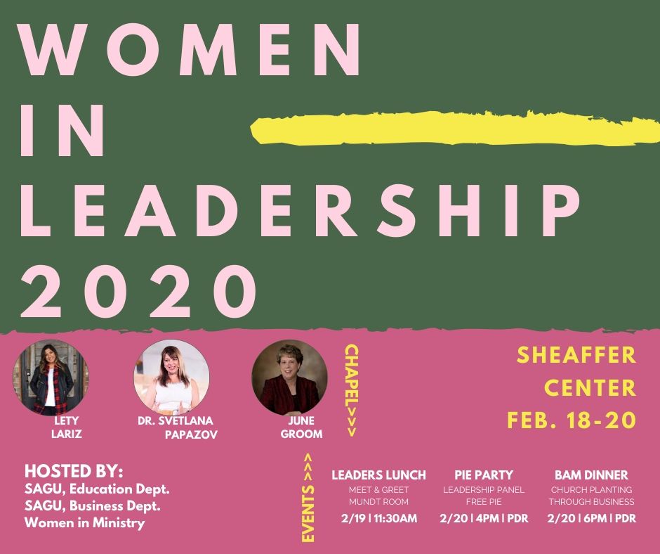 Feb. 18-20 is #WomenInLeadership week! Follow us, <a href="/sagubusiness/">SAGUBusiness</a>, <a href="/ministrywomen/">Women of Ministry</a> &amp; @sagubibtheo for upcoming details on the week highlighting women who are living out the gospel both in the marketplace and within the local church!