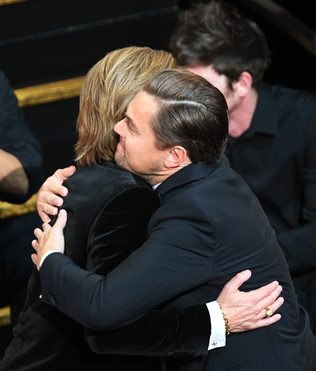 Clevver's tweet photo. #LeonardoDiCaprio supporting #BradPitt is the kind of bromance we need in our lives ❤️ #Oscars https://t.co/xQSIkrEab3