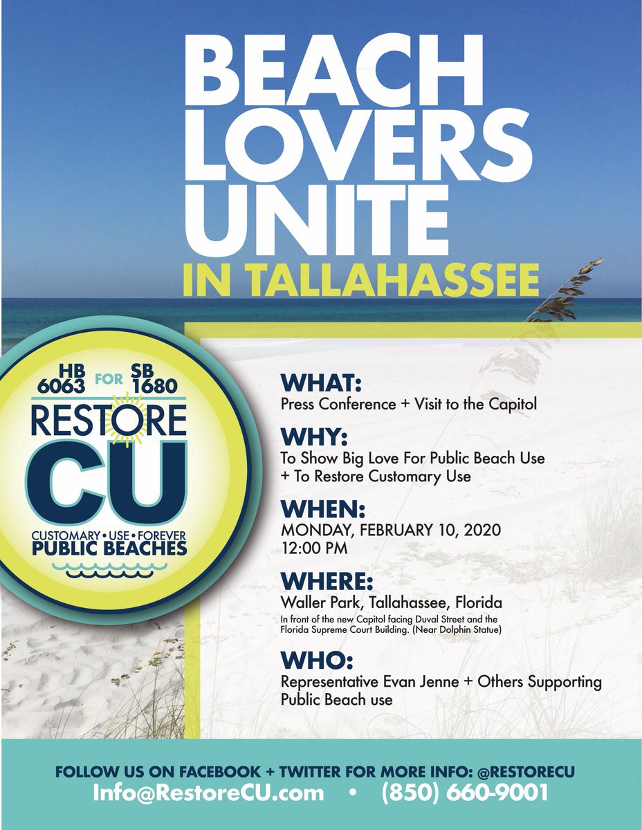 Tomorrow we are excited head to Tallahassee and ask for your support! <a href="/evanjenne/">Evan Jenne</a> @loriberman <a href="/SenatorGainer/">George Gainer</a> <a href="/braddrake5/">brad drake</a> <a href="/GovRonDeSantis/">Ron DeSantis</a> <a href="/Surfrider/">Surfrider Foundation</a> <a href="/BeachesAll/">Florida Beaches for All</a> <a href="/Use30a/">Customary_Use_FL</a> <a href="/nwfdailynews/">nwfdailynews</a> <a href="/stevebousquet/">Steve Bousquet</a> <a href="/TomMnwfdn/">Tom McLaughlin</a> <a href="/JanelleAnthro/">Dr. Janelle Christensen</a> <a href="/AndyMarlette/">Andy Marlette</a> #RestoreCu #CUForever #UniteBeachLovers