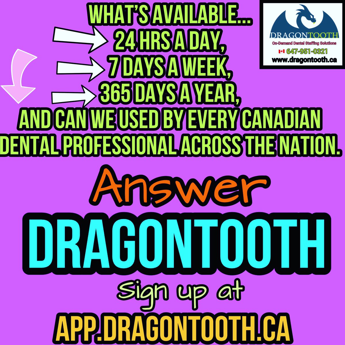 DragonToothApp's tweet image. Did you know that DragonTooth technology allows you to post shifts any time of the day, all across Canada and you can customize your profile to work with your schedule. Sign up today app.dragontooth.ca @theCDHA @BCDentalAssoc @BCDHA @OntarioODHA @CDAA_ACAD_ @ONDentalAssn