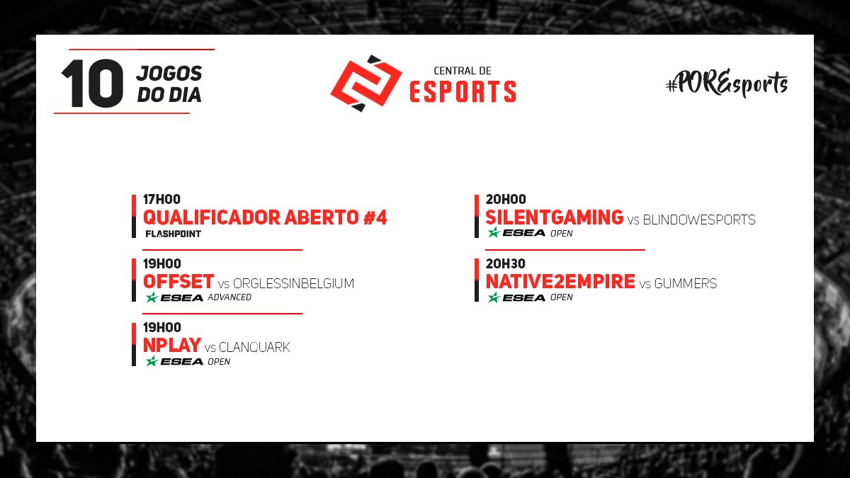 CentralDEsports's tweet photo. Neste início de semana há o último qualificador da @FLASHPOINT e @ESEA!
19h00
@Offset_Esports 🇵🇹 vs #OrglessInBelgium 🇧🇪
#Nplay @GTZBulls 🇵🇹 vs @clanquark 🇧🇦
20h00
@SILENTGAMING_CH 🇨🇭🇵🇹 vs @BlindowEsports 🇩🇪
20h30
@TheOfficialN2E 🇵🇹 vs #gummers 🇩🇰
#CDEjogosdodia https://t.co/YPeztAbvIc