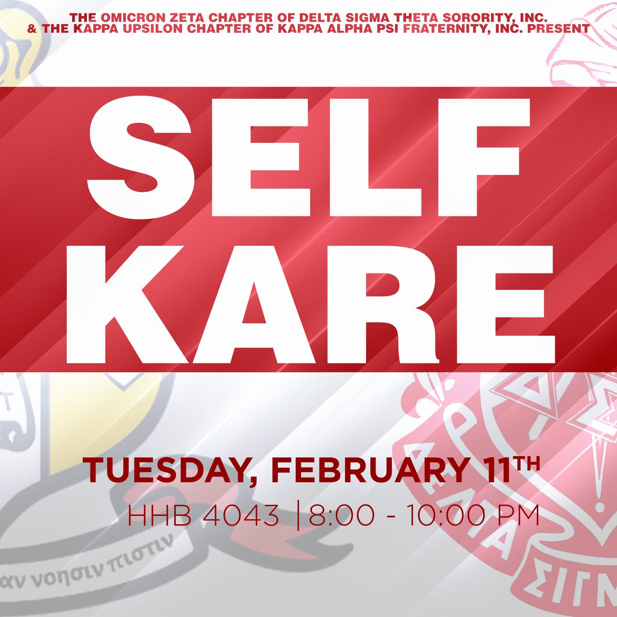 Come join the Kolor Love crew of OU, the ladies of Delta Sigma Theta Sorority, Inc. and the men of Kappa Alpha Psi Fraternity, Inc. to treat yourself to some self care and self love activities on 2/11.  There will also be a special guest vendor: Elle Jae Essentials. Come support!