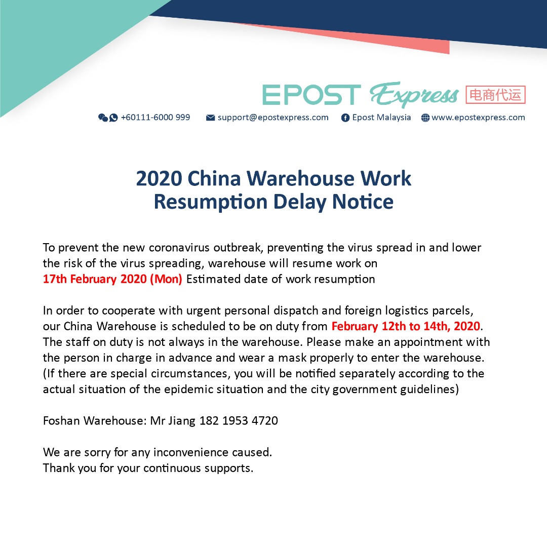 epost_bn's tweet photo. 【2020 Work Resumption Delay Notice】
For further inquiries please kindly contact our customer representatives

https://t.co/aB1AZ9N3WA

#epost  #epostexpress #epostbrunei #delay #coronavirus https://t.co/MrCTBGXB5f