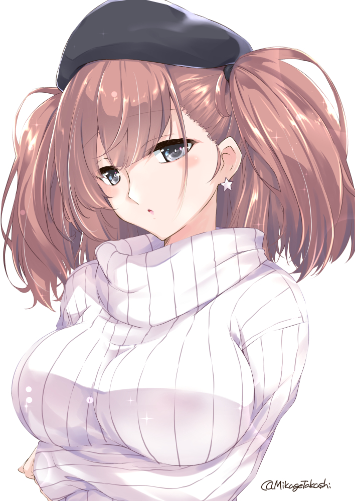 atlanta (kancolle) 1girl solo brown hair hat breasts star earrings sweater  illustration images