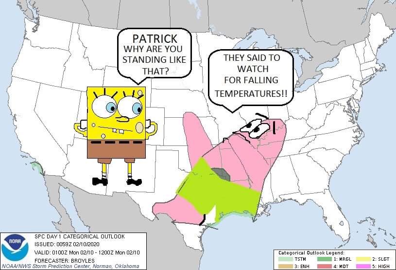 If you're heading out for a Crabby Patty... make sure to watch out for those falling temperatures!
#spc #storms #storm #convectiveoutlook <a href="/NWSSPC/">NWS Storm Prediction Center</a> #spongebob #tornado #tornadoes #severe #severestorms #weather