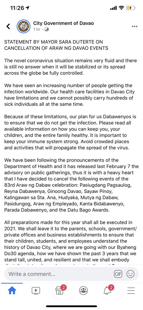 waniedoo's tweet photo. ALL EVENTS FOR ARAW NG DAVAO ARE CANCELLED. PLEASE READ THE STATEMENT OF OUR MAYOR SARA. https://t.co/qGMrlbEk7w