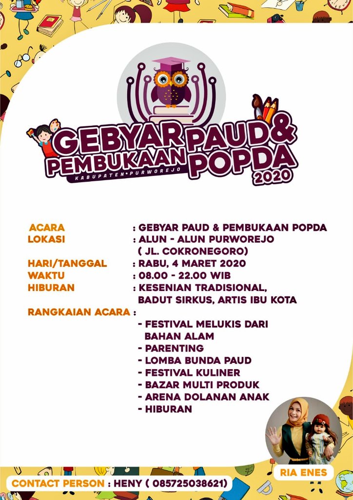 GEBYAR PURWOREJO (@gebyarpurworejo) on Twitter photo <a href="/AsliPoerworedjo/">TANPA KITA BEDA JALAN CERITA!</a> <a href="/VeryPermatasari/">Very Unggul P., Ns.</a> <a href="/StandUpIndoPWR/">Stand Up Purworejo</a> <a href="/RindudiCinta/">Y A Z E D</a> <a href="/Yas_keretaRnR/">Yas Wisanggenie</a> <a href="/gunungkelir/">Toto Sugiharto</a> <a href="/penyON_/">Elon Mask</a> <a href="/Siswoko29/">Tukang Maido</a> <a href="/bayu_hsaputro/">Tukang Cicip Kopi</a> <a href="/PSeplawan/">Putra_seplawan</a> <a href="/ngecamp/">Budi Seplawan</a> Kayaknya bakal rame neh.. artis ibu kota..
Ada pemberitahuan tentang penyesuaian jadwal..
#XplorePurworejo #GebyarPurworejo #HUT189Purworejo #AgendaPurworejo #VisitJawaTengah #PesonaIndonesia #JatengGayeng #WonderfulIndonesia <a href="/AsliPoerworedjo/">TANPA KITA BEDA JALAN CERITA!</a> <a href="/VeryPermatasari/">Very Unggul P., Ns.</a> <a href="/StandUpIndoPWR/">Stand Up Purworejo</a> <a href="/RindudiCinta/">Y A Z E D</a> <a href="/Yas_keretaRnR/">Yas Wisanggenie</a> <a href="/gunungkelir/">Toto Sugiharto</a> <a href="/penyON_/">Elon Mask</a> <a href="/Siswoko29/">Tukang Maido</a> <a href="/bayu_hsaputro/">Tukang Cicip Kopi</a> <a href="/PSeplawan/">Putra_seplawan</a> <a href="/ngecamp/">Budi Seplawan</a> Kayaknya bakal rame neh.. artis ibu kota..
Ada pemberitahuan tentang penyesuaian jadwal..
#XplorePurworejo #GebyarPurworejo #HUT189Purworejo #AgendaPurworejo #VisitJawaTengah #PesonaIndonesia #JatengGayeng #WonderfulIndonesia