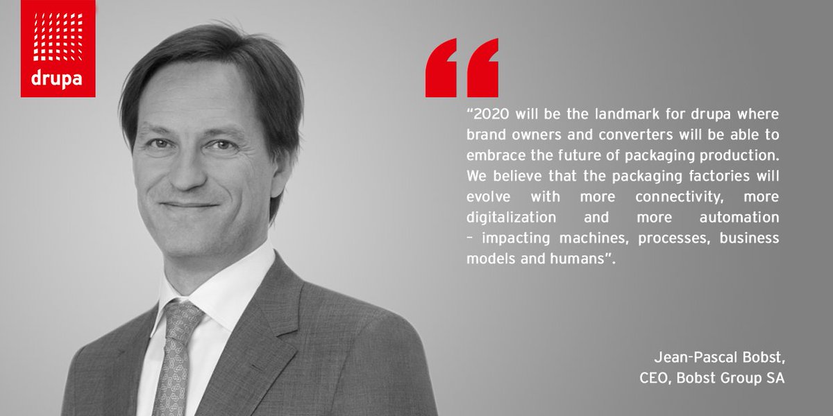 #drupa2020 will be a milestone to embrace the future of #packagingproduction according to Jean-Pascal Bobst, CEO of <a href="/BOBSTGlobal/">BOBST</a> who will join us as an exhibitor. We can’t wait to discover what the future holds for this sector in 3 months. Do you feel the same way?