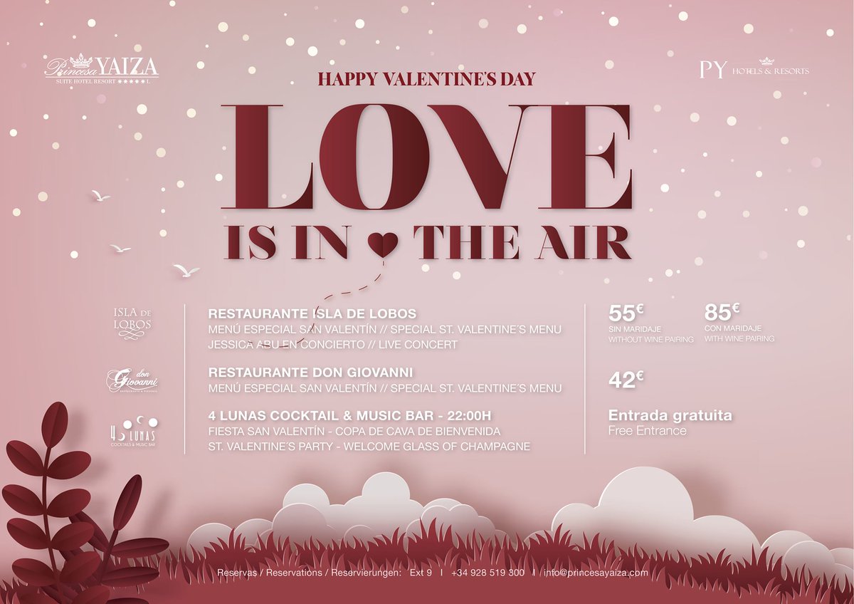 UN SAN VALENTÍN DE LUJO💘

Ven a celebrar la velada más romántica del año con nosotros, con una cena especial en nuestros restaurantes Don Giovanni e Isla de Lobos😍

Tras la cena, disfruta de una fiesta de San Valentín exclusiva en el Cocktail Bar 4 Lunas🌙 

#PYEXPERIENCE