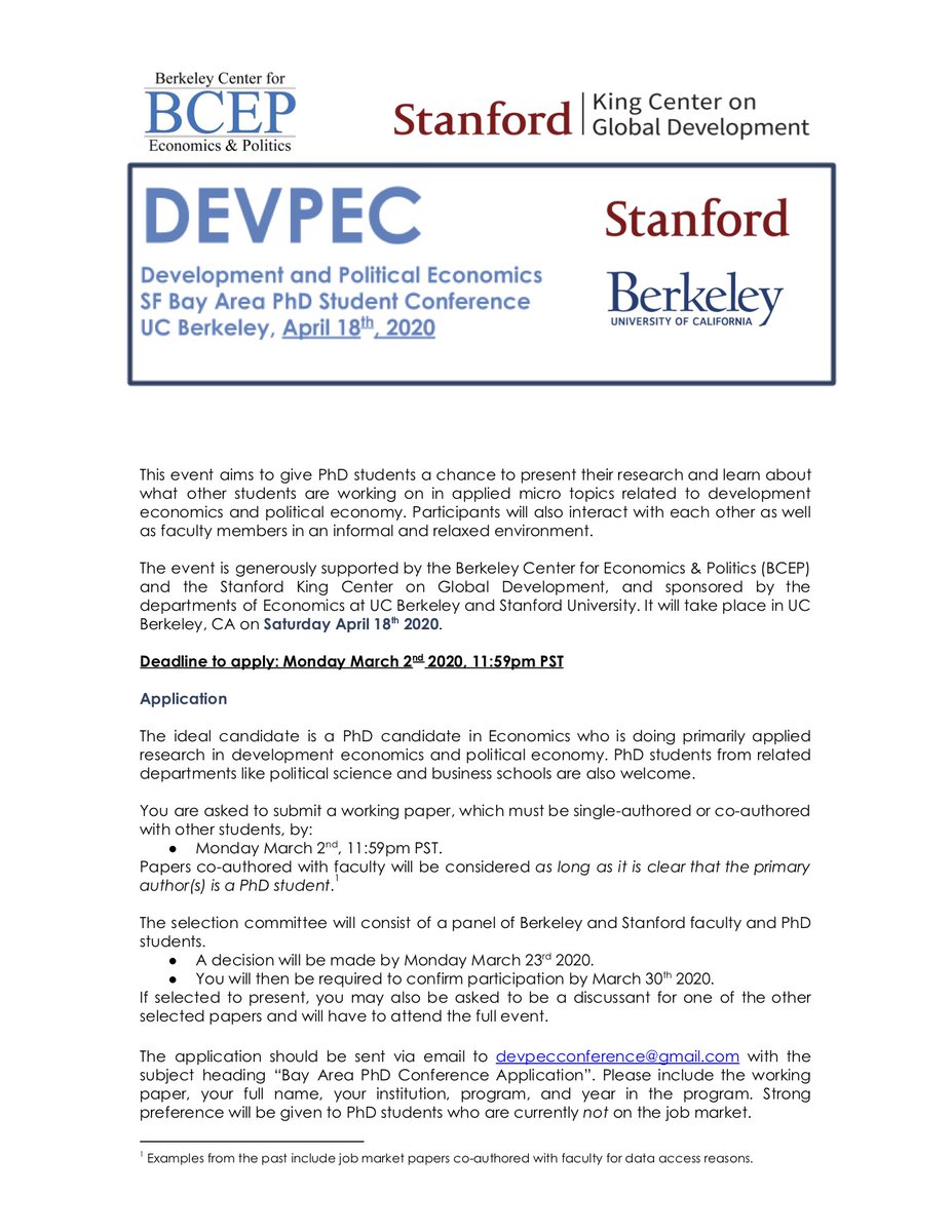 Mark Walsh (@econ_mark) on Twitter photo The call for papers for the Development and Political Economics SF Bay Area PhD Student Conference is out! Held on April 18th. Deadline for submission March 2nd. Hosted by UC Berkeley's <a href="/SocSciMatrix/">SocialScienceMatrix</a>. Sponsored by <a href="/StanfordKingCtr/">Stanford King Center on Global Development</a> and the Berkeley Center for Economics & Politics The call for papers for the Development and Political Economics SF Bay Area PhD Student Conference is out! Held on April 18th. Deadline for submission March 2nd. Hosted by UC Berkeley's <a href="/SocSciMatrix/">SocialScienceMatrix</a>. Sponsored by <a href="/StanfordKingCtr/">Stanford King Center on Global Development</a> and the Berkeley Center for Economics & Politics