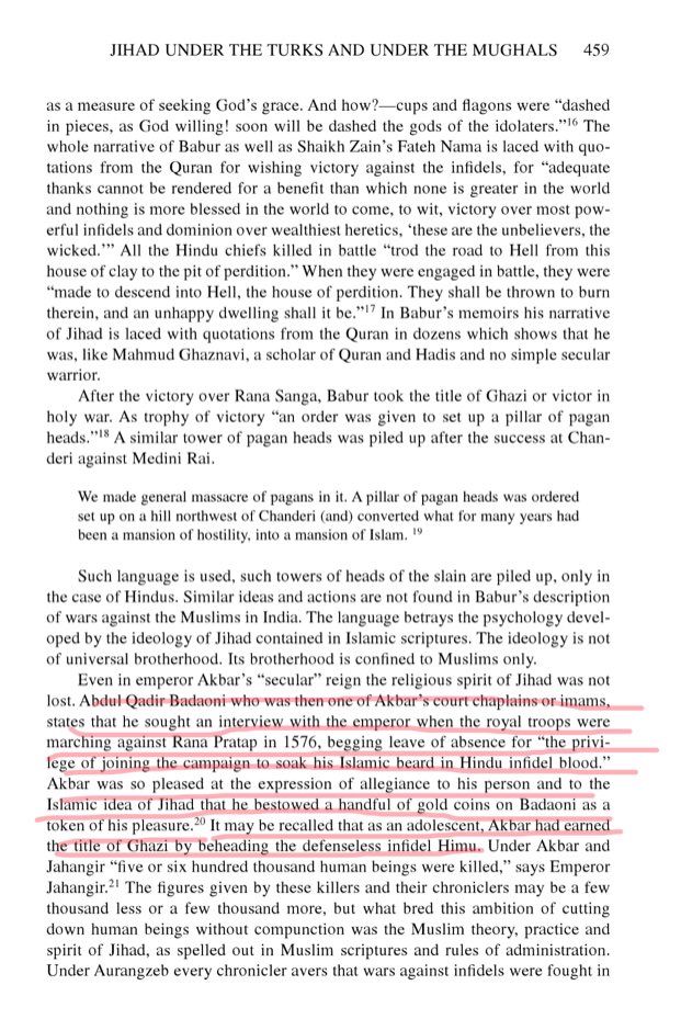 30/n Akbar had rewarded Abd al-Qadir Badauni with gold coins who soak his Islamic beard in Hindu infidel blood. The gesture of Badauni had delighted “Akbar the great Secularist” Source: The Legacy of Jihad:Islamic Holy War & the Fate of Non-Muslims edited by Andrew G. Bostom