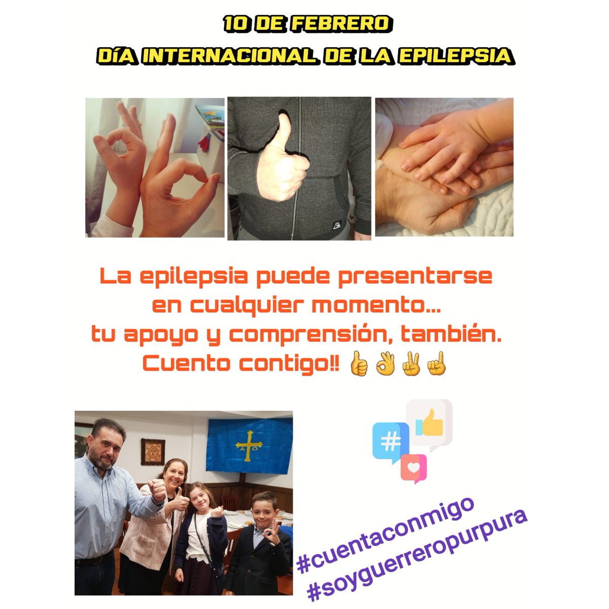 #DiainternacionaldelaEpilepsia Os invitamos a seguir y compartir nuestra campaña:LA EPILEPSIA PUEDE PRESENTARSE EN CUALQUIER MOMENTO.TU APOYO Y COMPRENSIÓN, TAMBIÉN.CUENTA CONMIGO.Difundid una foto con gestos ☝️👌💪👍 y #Guerrerospurpura o #soyguerreropurpura #cuentaconmigo.